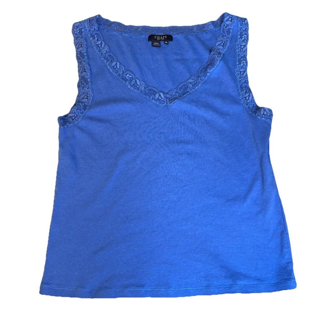 Chaps Lace Trim Tank Top Blue Women Size X-Large Y2K‎ V Neck